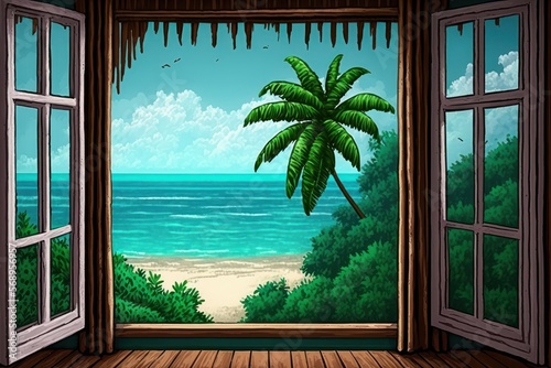 Window view of Tropical Paradise Island with Ocean  Beach and Palm Trees - The ideal Vacation Resort in the Caribbean Sea - Tourism Travel Poster and Wallpaper - Generative AI Illustration