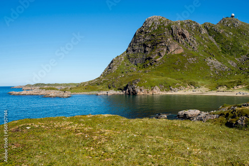 Beautiful Nature Norway natural landscape. Scenic outdoors view. Ocean with waves and mountains. Explore Norway, summer adventure