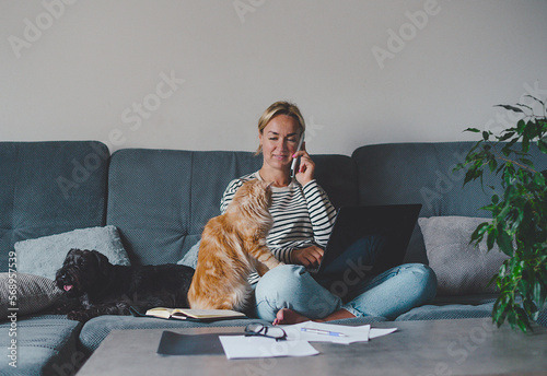 young girl works on laptop at home workplace among the home ,next to ginger cat and dog