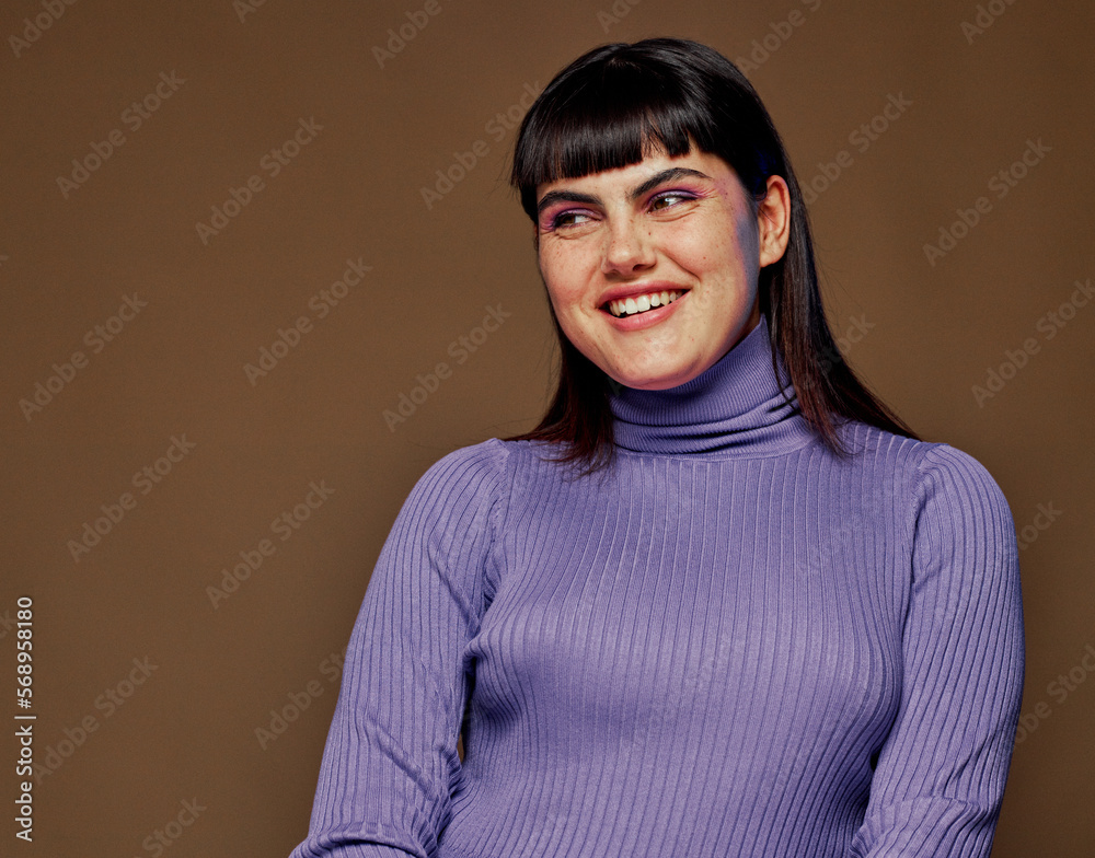 Happy woman wearing purple sweater Happy woman wearing purple sweater
