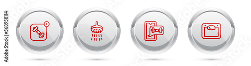 Set line Fitness app, Shower, and Bathroom scales. Silver circle button. Vector