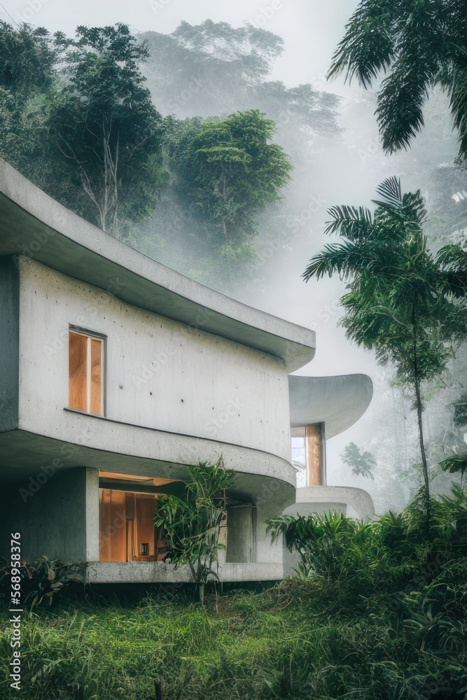 Exterior perspective of a concrete minimalistic modern building low one story house situated in the jungle, AI generated