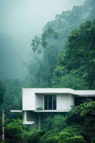Exterior perspective of a concrete minimalistic modern building low one story house situated in the jungle, AI generated