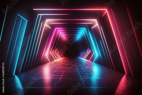 a laser display, fluorescent lighting inside a nightclub, luminous lines, an abstract fluorescent background, and a hallway. Generative AI