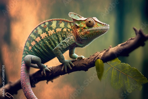 picture of a chameleon in its natural habitat, a tree a morphing fischer stumbling among the branches Generative AI