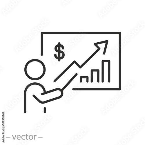 finance agent or adviser icon, financial consultation, business training, thin line symbol on white background - editable stroke vector illustration eps10