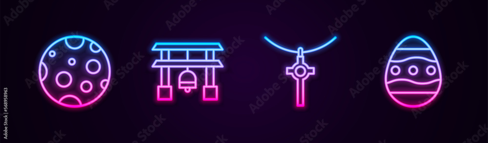 Set line Moon, Japan Gate, Christian cross chain and Easter egg. Glowing neon icon. Vector