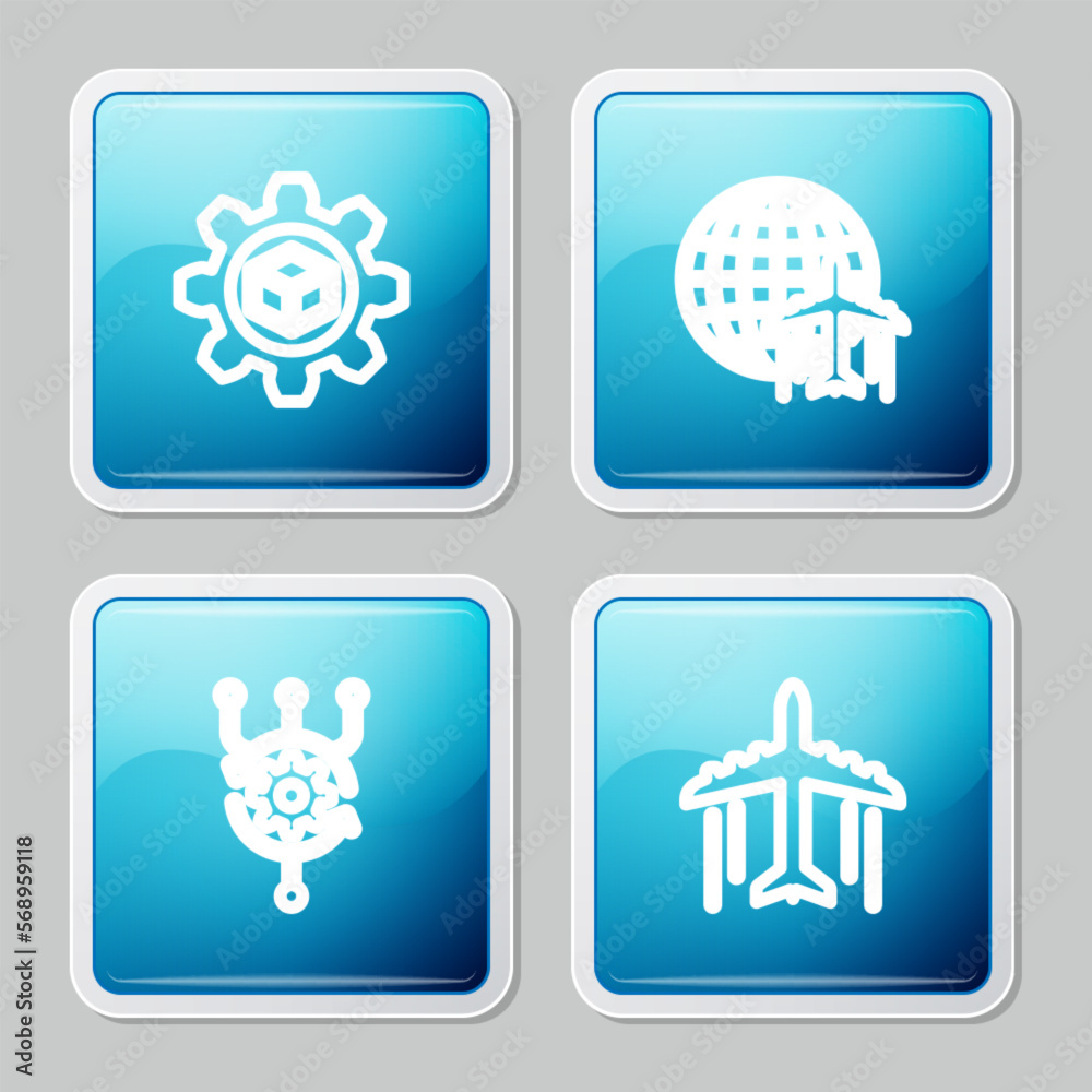 Set line Product development, Globe with flying plane, Algorithm and Plane icon. Vector Set line Product development, Globe with flying plane, Algorithm and Plane icon. Vector