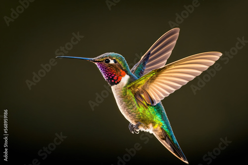 Colorful Hummingbird Flying, Dark Background, Closeup, Generative AI Digital Illustration © Dragon AI
