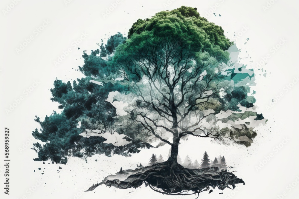 Fototapeta premium Double exposure of a single tree with a background of woodland and sky. Generative AI