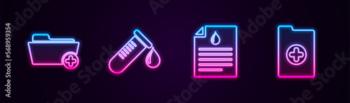 Set line Health record folder, Test tube with drop of blood, Clipboard test and Clinical. Glowing neon icon. Vector