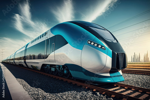 High-speed train powered by hydrogen fuel cells in a futuristic city, generative ai photo