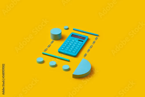 Calculator, paper elements and stationery.