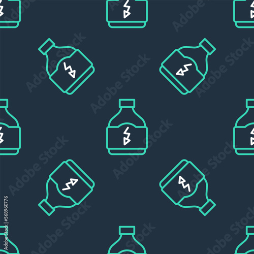 Line Sports nutrition bodybuilding proteine power drink and food icon isolated seamless pattern on black background. Vector