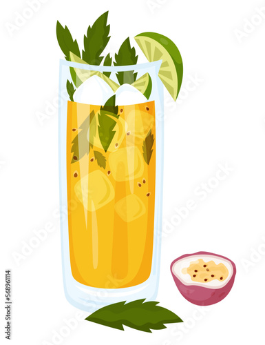 Passion Fruit Mojito tropical Cuban cocktail. Mojitos summer cocktail in glass with ice cubes, mint and lime. Vector illustration Latin American drink in cartoon style for design and decoration.
