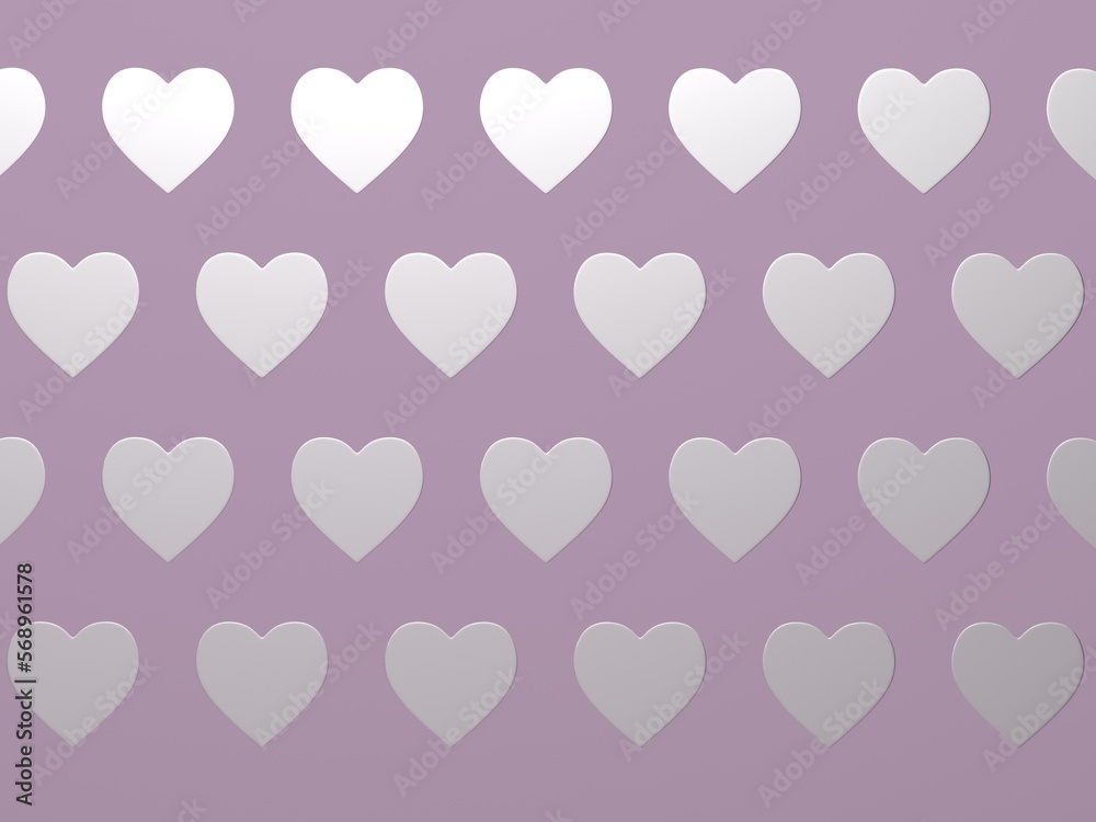 Happy Valentine's Day - White silver Hearts. White Hearts on violet Background. 3d Background with paper hearts. Glittering hearts.