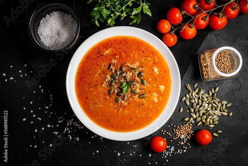 Tomato soup on kitchen table