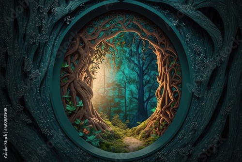 A magical portal is located in a magical forest in a fantastical world. Fairy door in the form of a cartoon leading to another world or realm. Generative AI