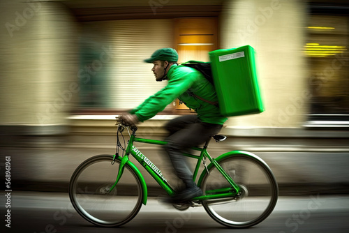 Green-clad bicycle courier rushing to deliver time-sensitive packages, generative ai photo