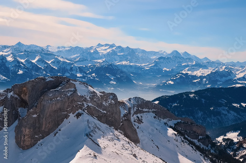 Rest in the mountains. View from the observation deck.Mountain Alpine landscape.High in the mountains.Top of the mountain.Snowyмmountains.Beautiful view.Rocks and stones.A popular place in Lucerne.