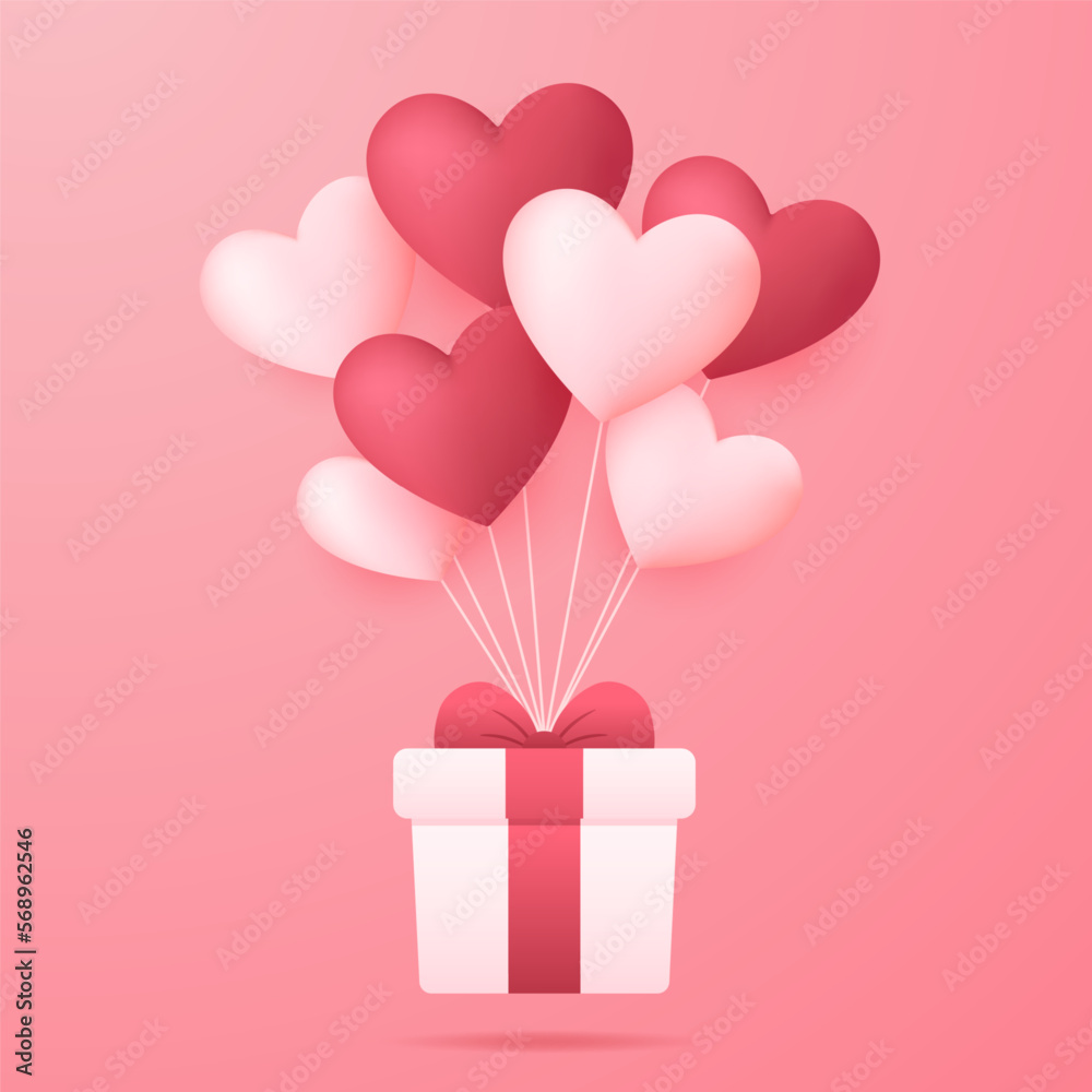 Valentine's Day Banner. Happy Valentine's Day greeting card design. Holiday banner with hot air heart balloon. 3D style illustration.