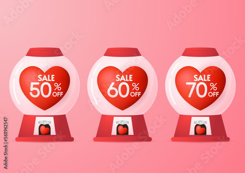 Heart in vending machine filled with Red and white bubble gum hearts on pink background. illustration with transparent glass. Valentine's day sale.