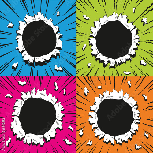 Set of comic book holes. Vector paper is torn through boom explosion. Circle holes in the middle on color backgrounds. Comics style cover template or flyer wallpapers