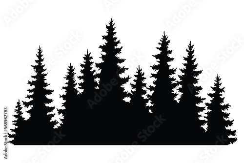 Fir trees silhouettes. Coniferous spruce horizontal background patterns, black evergreen woods vector illustration. Beautiful hand drawn panorama with treetops forest. Black pine woods