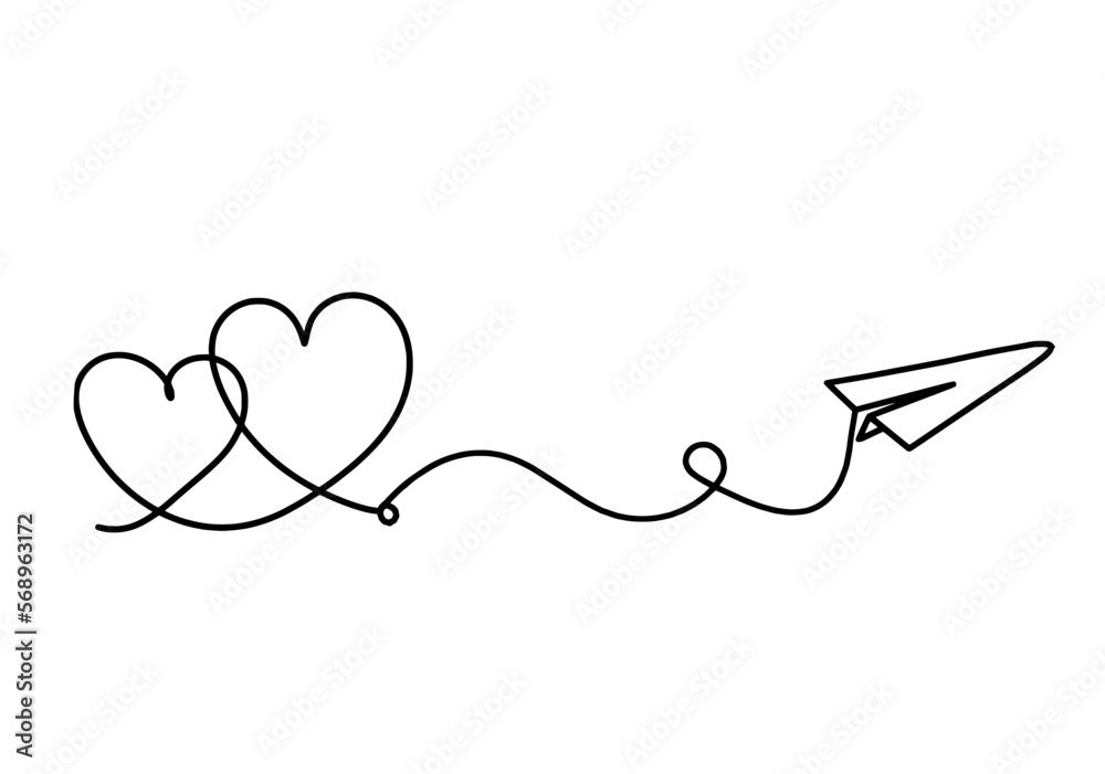 Abstract heart with paper plane as continuous line drawing on white background Abstract heart with paper plane as continuous line drawing on white background