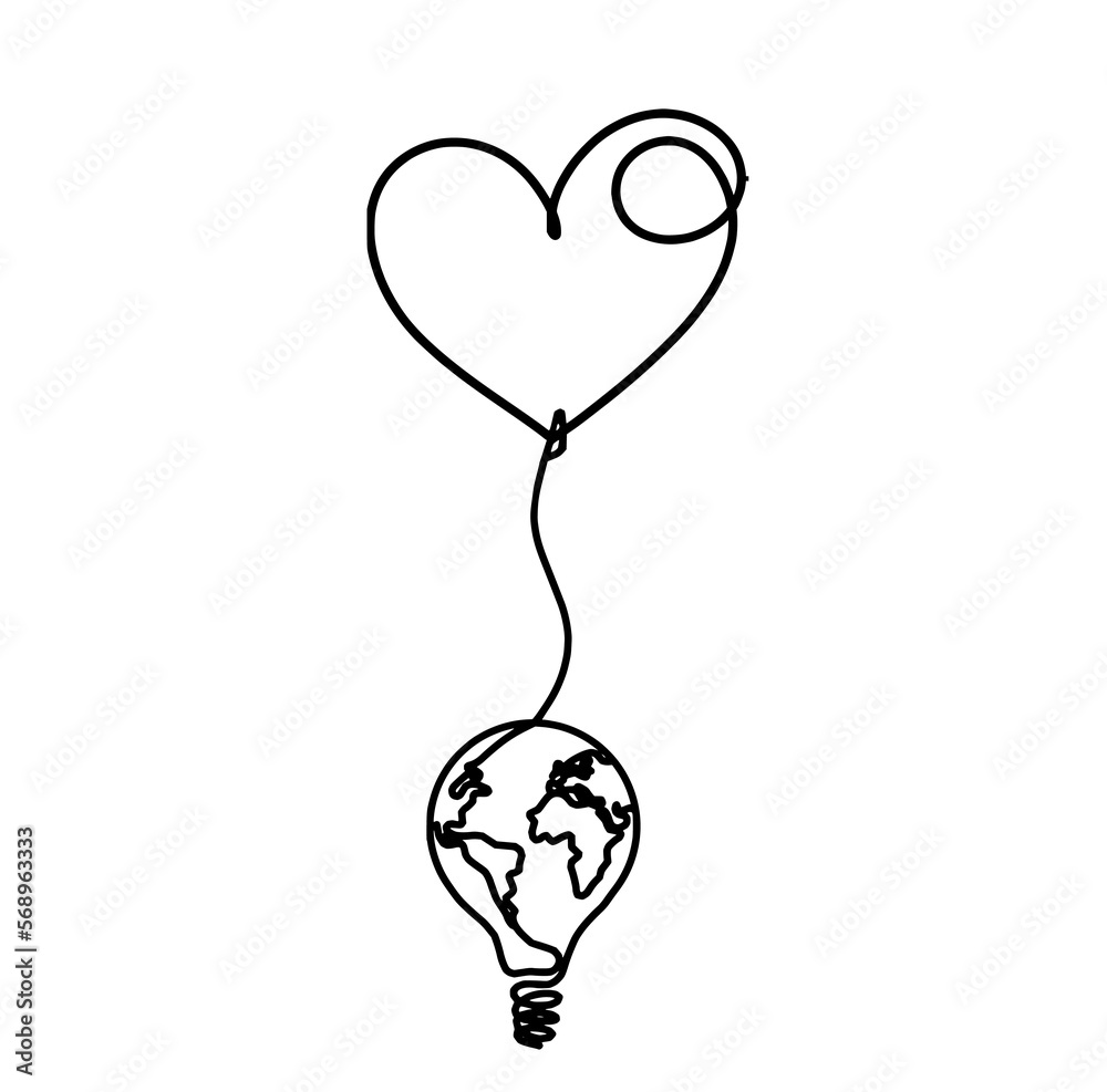 Abstract heart with light bulb as continuous line drawing on white background Abstract heart with light bulb as continuous line drawing on white background