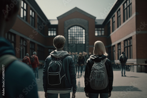 Rear view of two student friends with backpacks near the college. AI generated.