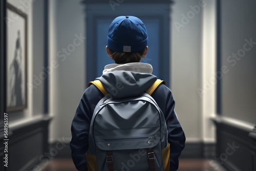 Schoolboy with backpack in school corridor. Back view. AI generated