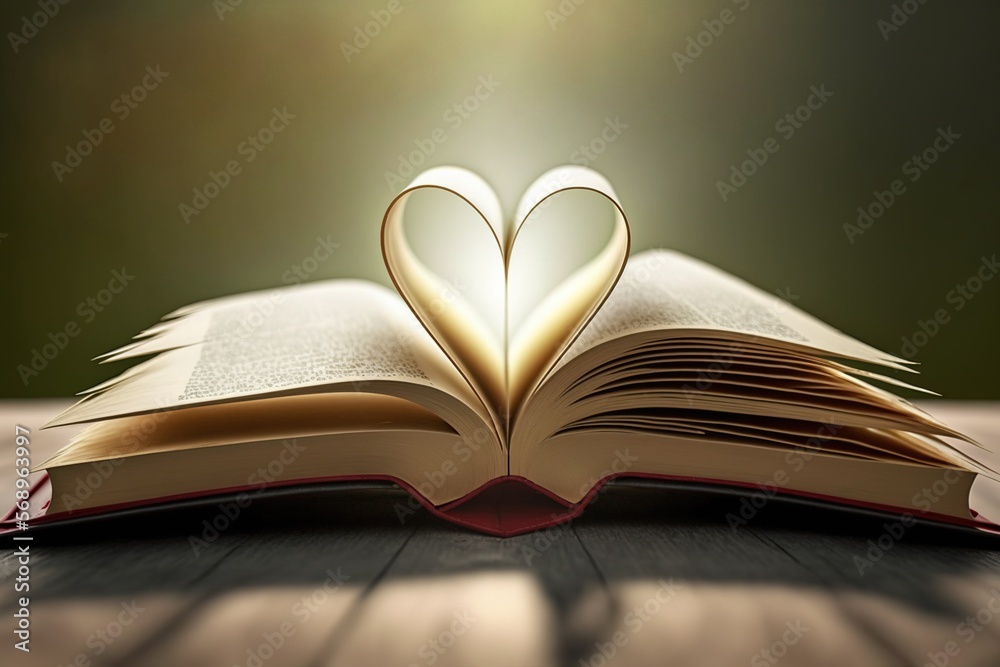 Bible on table with pages folded into heart shape. The symbol of Christ. Generative AI. Bible on table with pages folded into heart shape. The symbol of Christ. Generative AI.