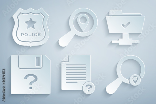 Set Unknown document, FTP operation successful, , Search location, and Police badge icon. Vector