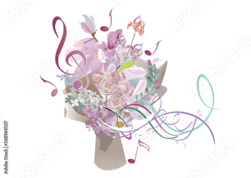 Abstract treble clef decorated with summer and spring flowers, palm leaves, notes, birds. Hand drawn musical vector illustration for t shirts, covers, wallpaper, greeting cards, wall-art, invitations