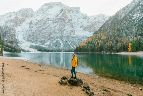 Man near Lago di Braies in winter 