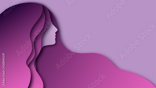 Banner 8 de marzo, ilustración vectorial del Día Internacional de la Mujer. Recorte de papel sobre fondo lila. Espacio para colocar texto.