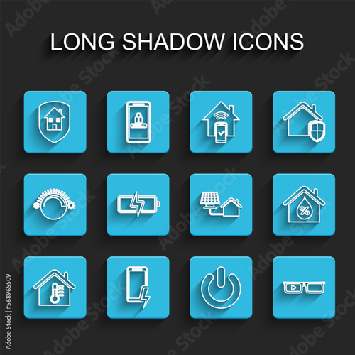 Set line House temperature, Mobile charging battery, under protection, Power button, Smart glasses, Battery, humidity and with solar panel icon. Vector