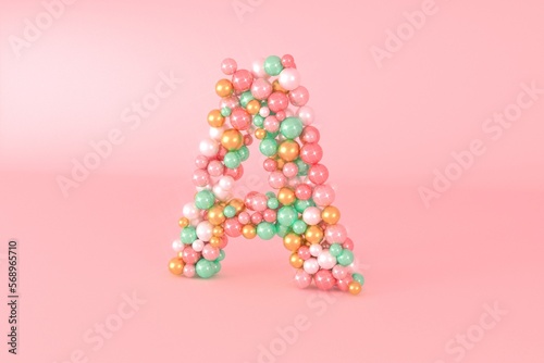 Letter A made of glass balls, pastel pearls, crystal jewels and gold. photo