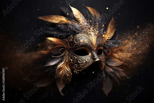 Luxury carnival mask 3d, background with golden feather, confettis and glitter illustration generative ai
