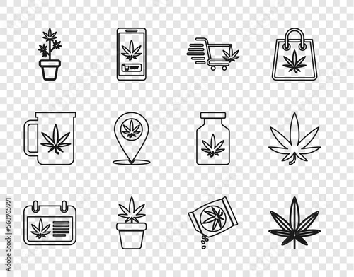 Set line Calendar and marijuana, Marijuana or cannabis leaf, Shopping cart with, plant pot, Location, seeds and icon. Vector