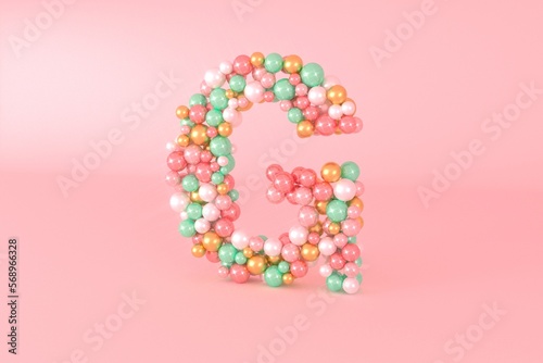 Letter G made of glass balls, pastel pearls, crystal jewels and gold.