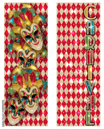 Carnival Venice mask Joker , banners in art deco style , vector illustration