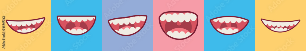 Set of smiling mouths with teeth on colorful background Set of smiling mouths with teeth on colorful background