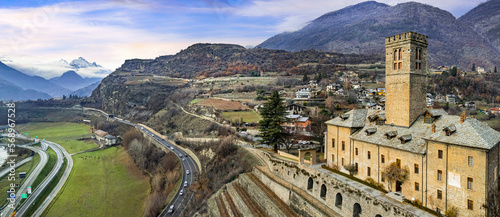Italy, Valle d'Aosta region famous with medieval historic castles. Scenic Sarre village and beatiful castle aerial drone view
