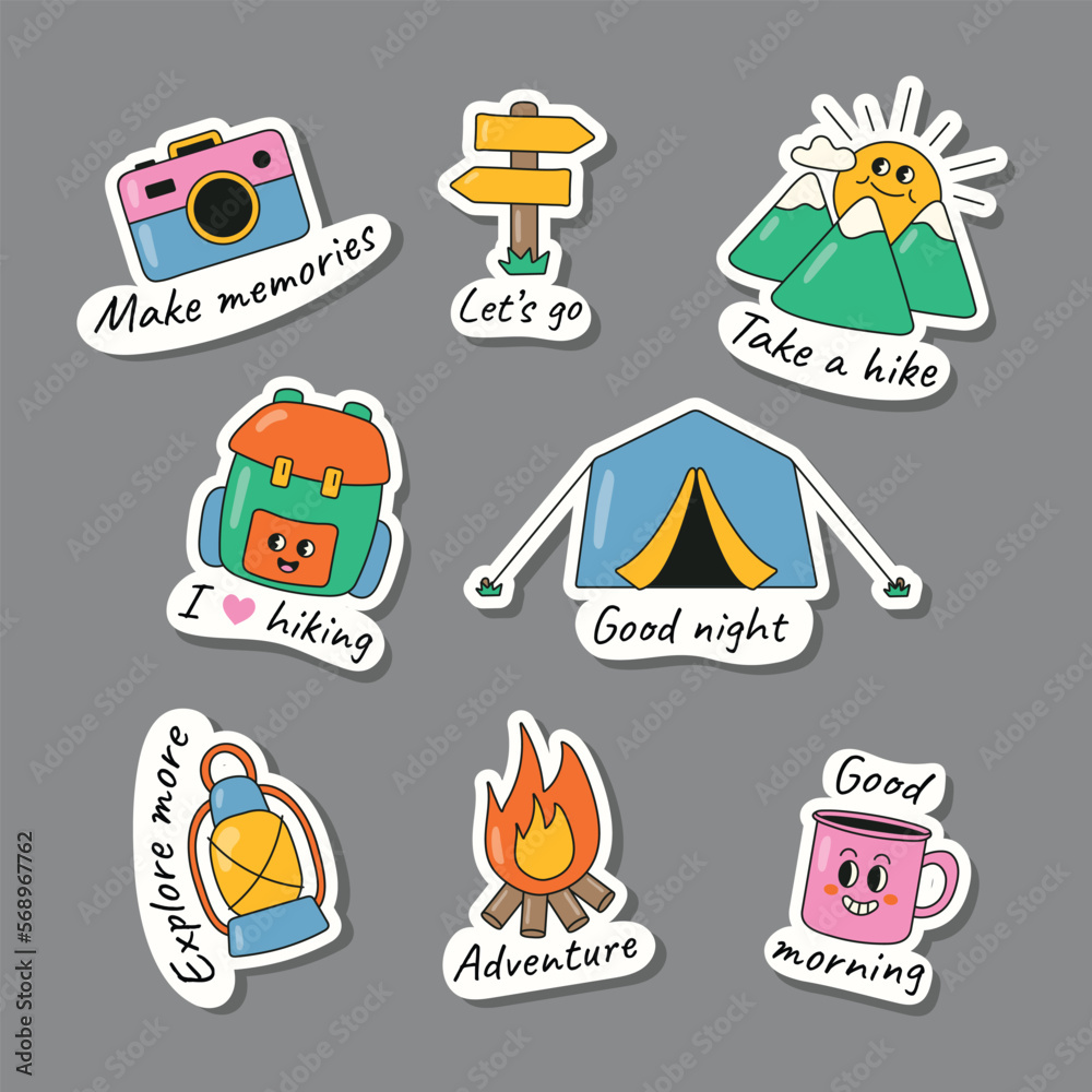 Summer hiking sticker set. Vector illustration Summer hiking sticker set. Vector illustration