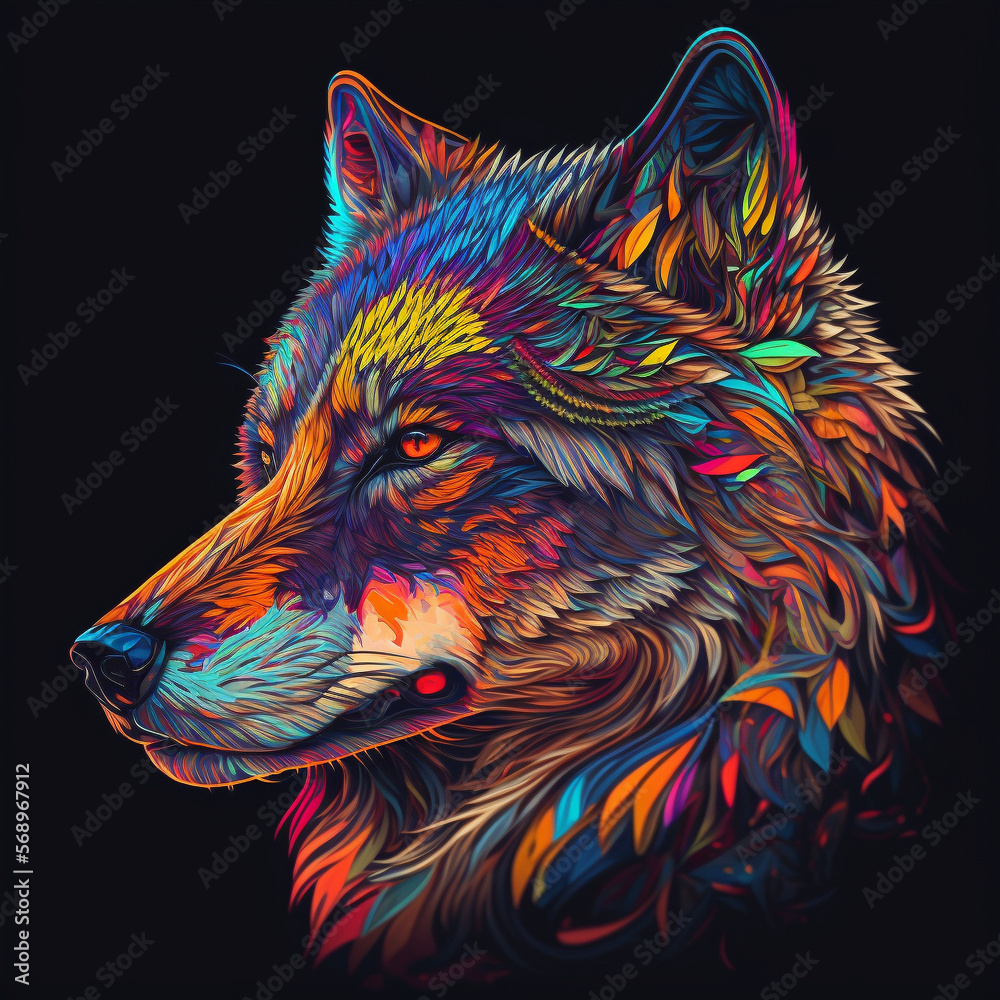 Fototapeta Beautiful Wolf Illustration, Rainbow Colorful. Generative AI