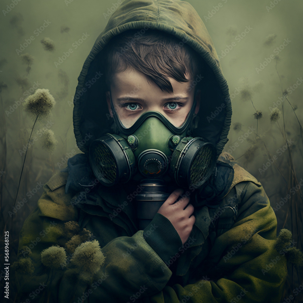 Little boy with gas mask depicting consequences of global warming, air
