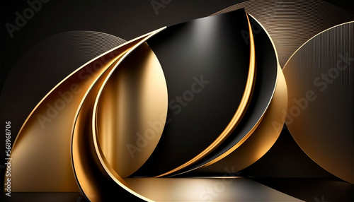 Elegant modern Black and golden abstract waves and curves on black background. AI generated