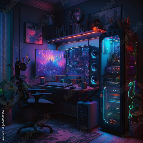 Gaming studio and neon light gaming pc room AI-Generated